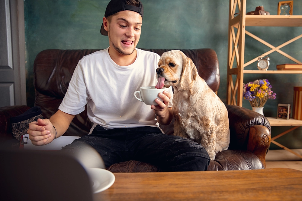 man sitting on the sofa working with his cute dog in the coffee shop