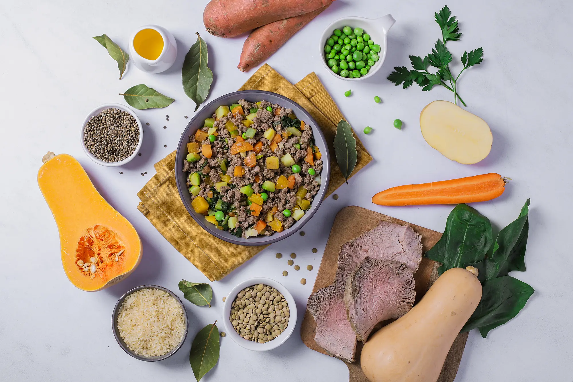 Fresh cooked pet food with meat, rice and vegetables